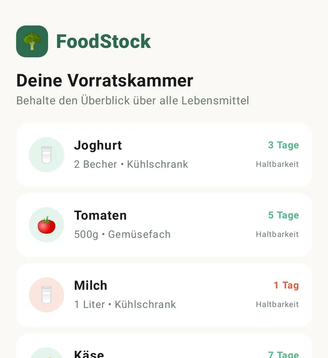 FoodStock: Vorratsliste mit Haltbarkeit je Lebensmittel